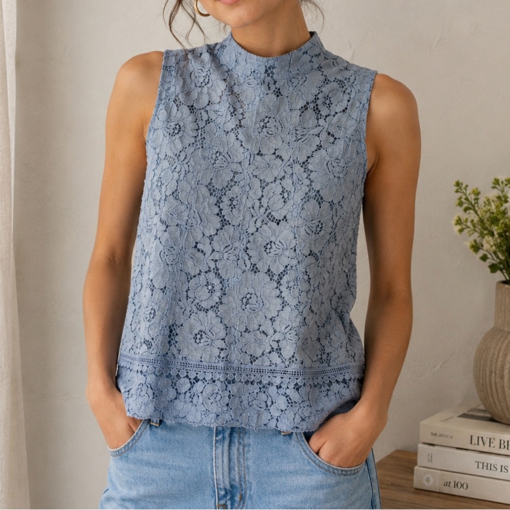 Anthropologie Sleeveless Lace Mock-Neck Camisole - Light Blue